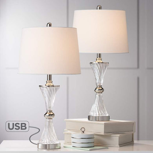 Luca Chrome and Glass Modern USB Table Lamps Set of 2